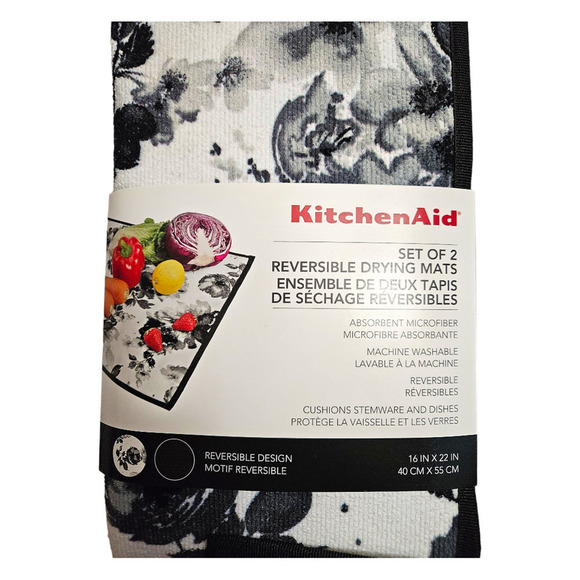 NEW KitchenAid Watercolor Floral Drying Mats 16" x 22"[Black & White](Pack of 2) - Picture 2 of 3